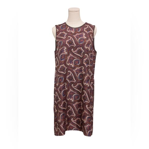 Theory Paisley Silk Brown Leather Trim Shift Dress Size 10 - Picture 1 of 5
